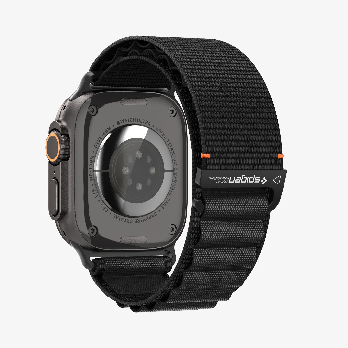 AMP10144 - Apple Watch Ultra (49mm) WBF1 in Black showing the back and partial side of the watch head and back of the strap locked