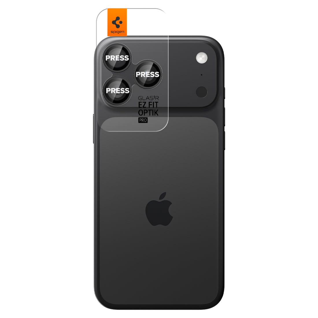 AGL05205 - iPhone 16 Pro / 16 Pro Max Optik Pro Lens Protector in black showing the device, two lens protectors and packaging