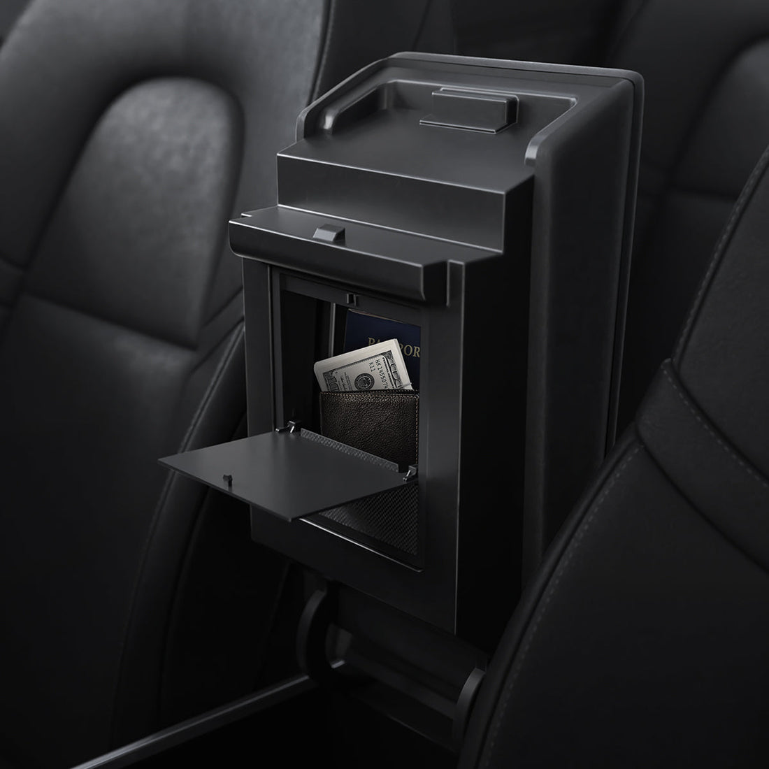 ACP07408 - Tesla Model Y 2025 Refresh & 3 Highland - Center Console Hidden Storage Box showing a hand pushing button to reveal storage box