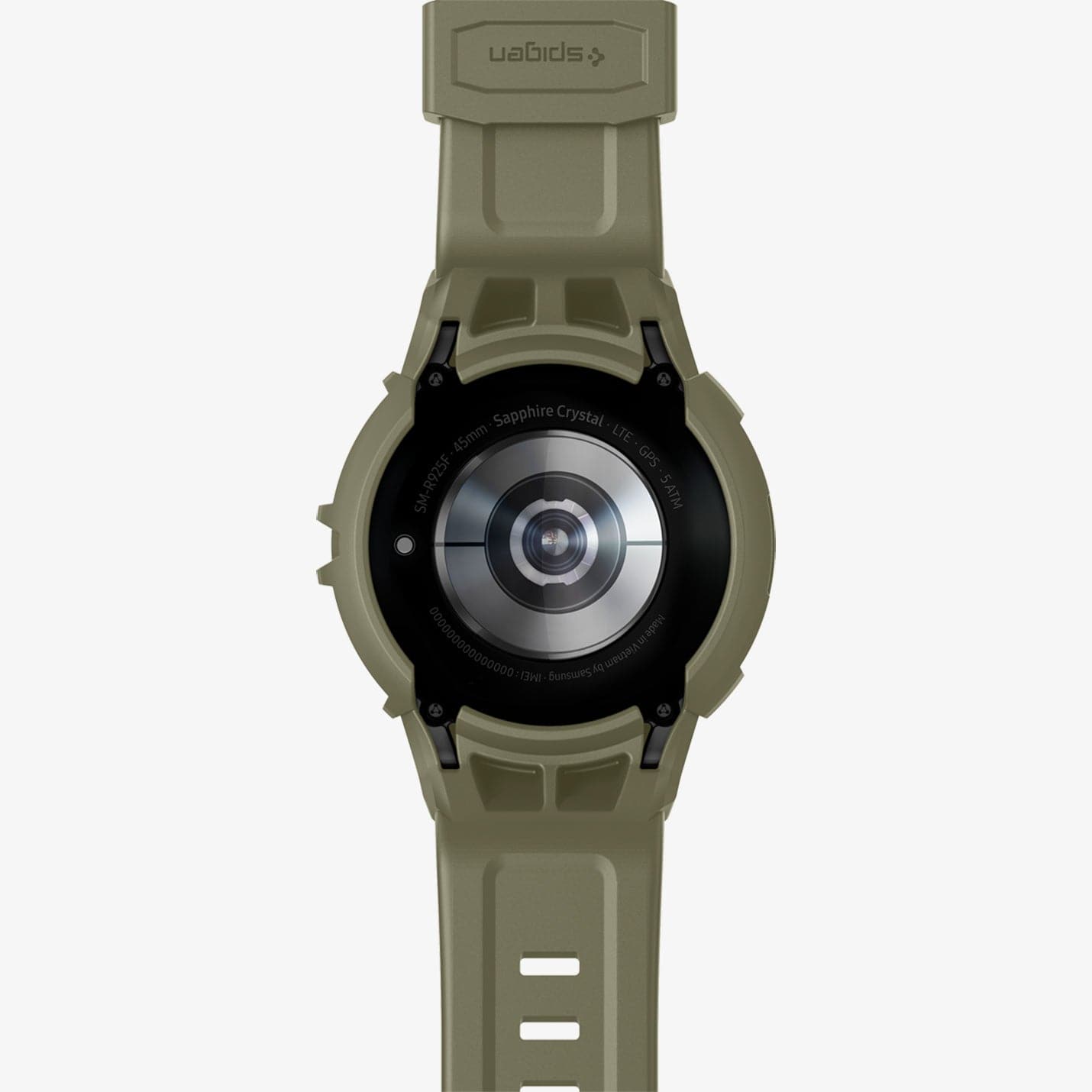 ACS05913 - Galaxy Watch 5 Pro (45mm) Case Rugged Armor Pro in vintage khaki showing the back with watch band laid out flat