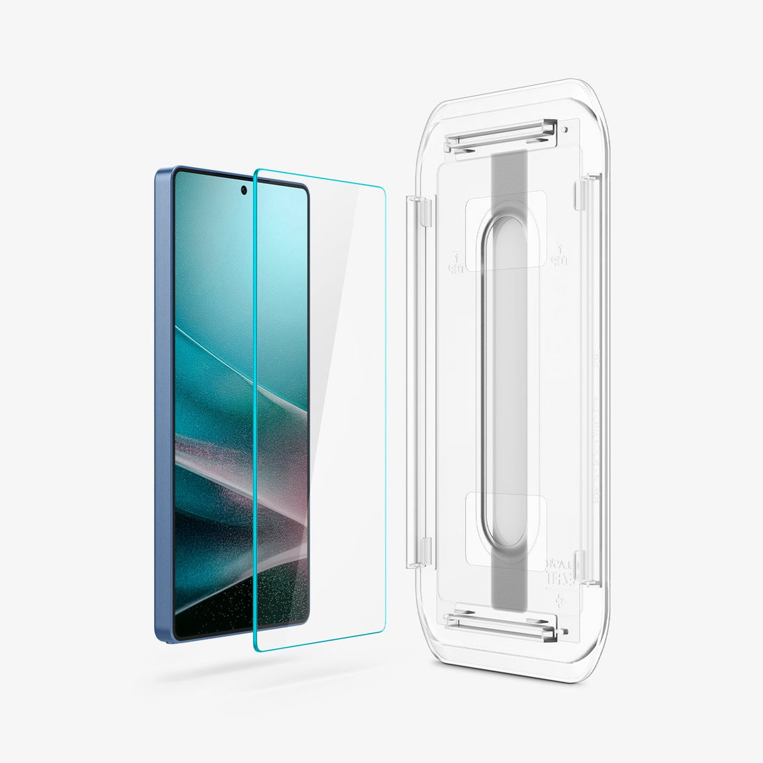 AGL09078 - Galaxy S25 Ultra GLAS.tR EZ Fit in Clear showing the alignment tray hovering above the 2 screen protector and the device with another tray on the side