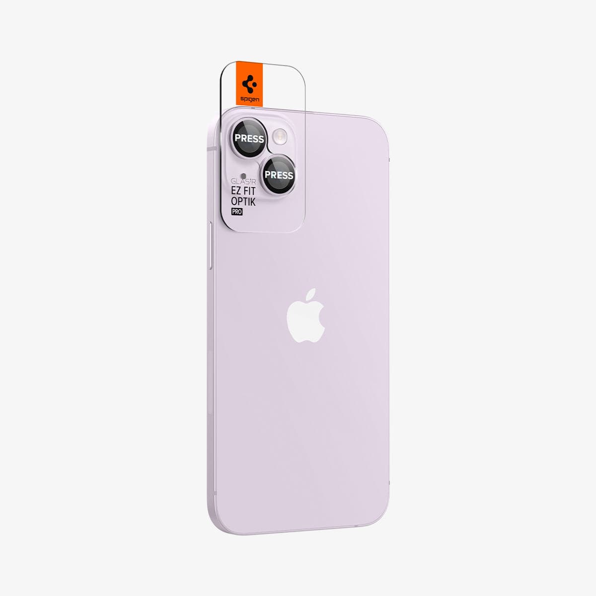 AGL05603 - iPhone 15 / 15 Plus Optik Pro Lens Protector in purple showing the back and partial side with ez fit installed on camera lens