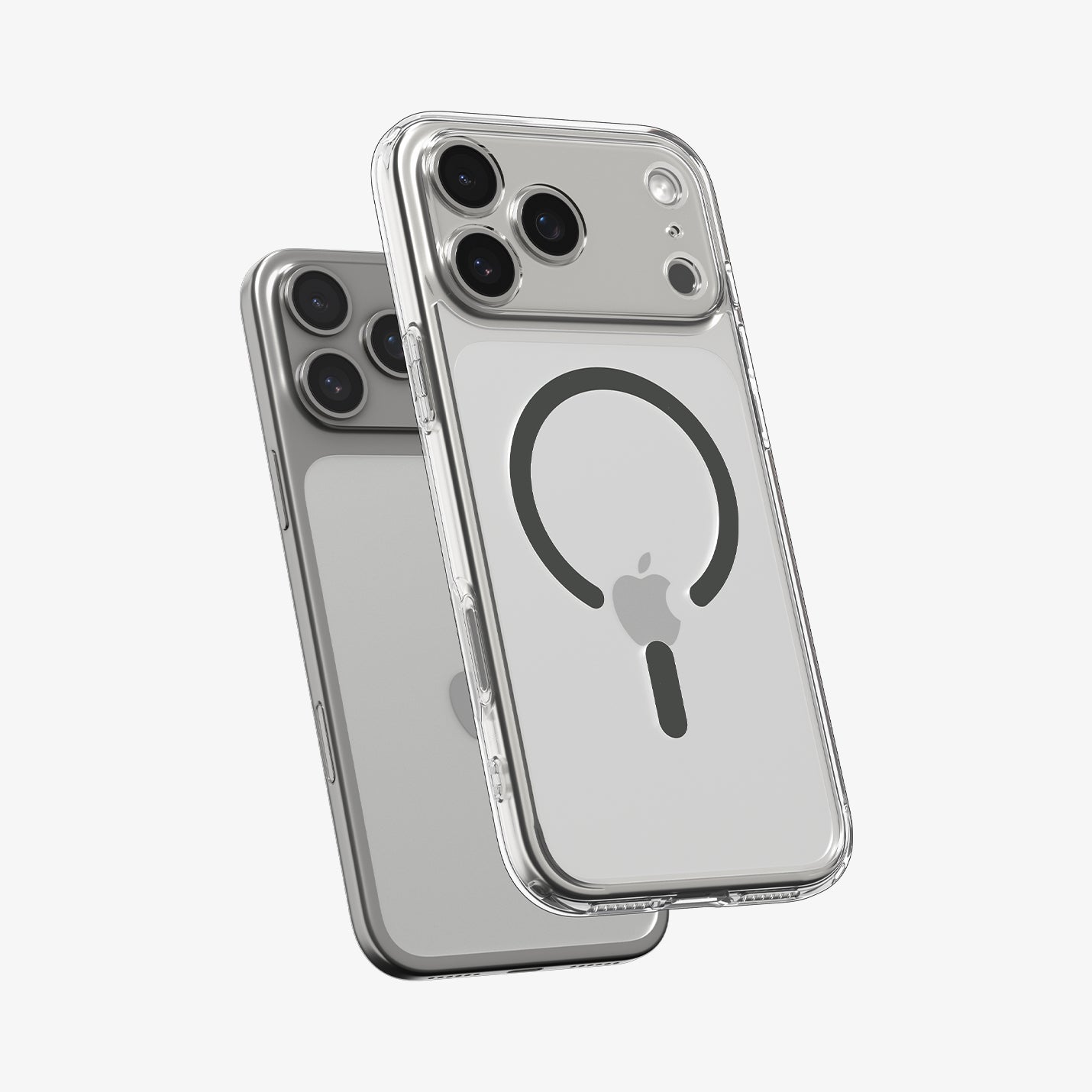 ACS10036 - iPhone 17 Pro Max Ultra Hybrid (MagFit) in Clear Graphite showing the front of layer hovering above the magfit magnet plate and the case