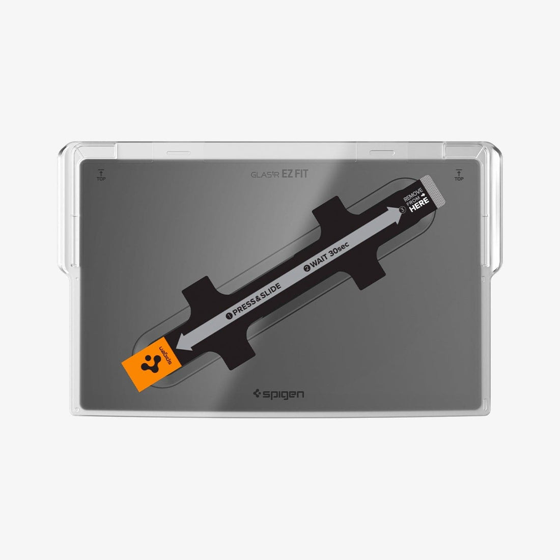 AGL07152 - Model 3 (2024-2025) Highland Screen Protector GLAS.tR EZ Fit | Anti-Glare Highland in Clear Matte showing the front installation tray hovering above the screen protector and the device with the packaging beside it