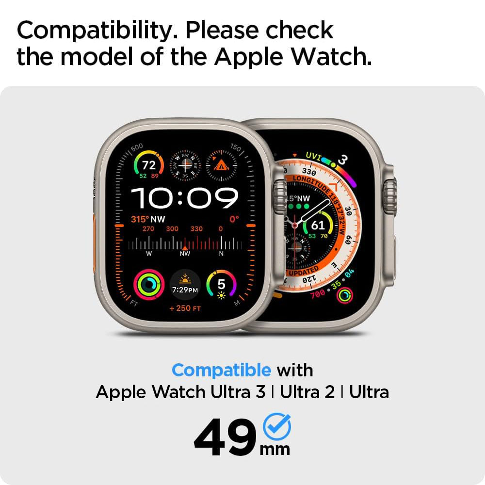 AGL05556 - Apple Watch Ultra Screen Protector EZ FIT Glas.tR showing the ez fit tray hovering slightly in front of glass screen protector, apple watch face and the packaging