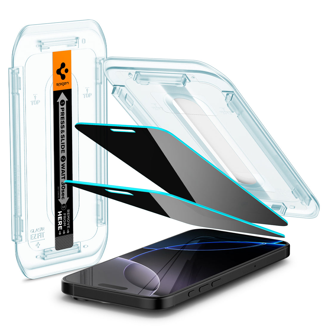 AGL07908 - iPhone 16 Pro Max GLAS.tR EZ Fit Privacy showing the installation tray hovering above the 2 screen protector and the device, beside it is another installation tray