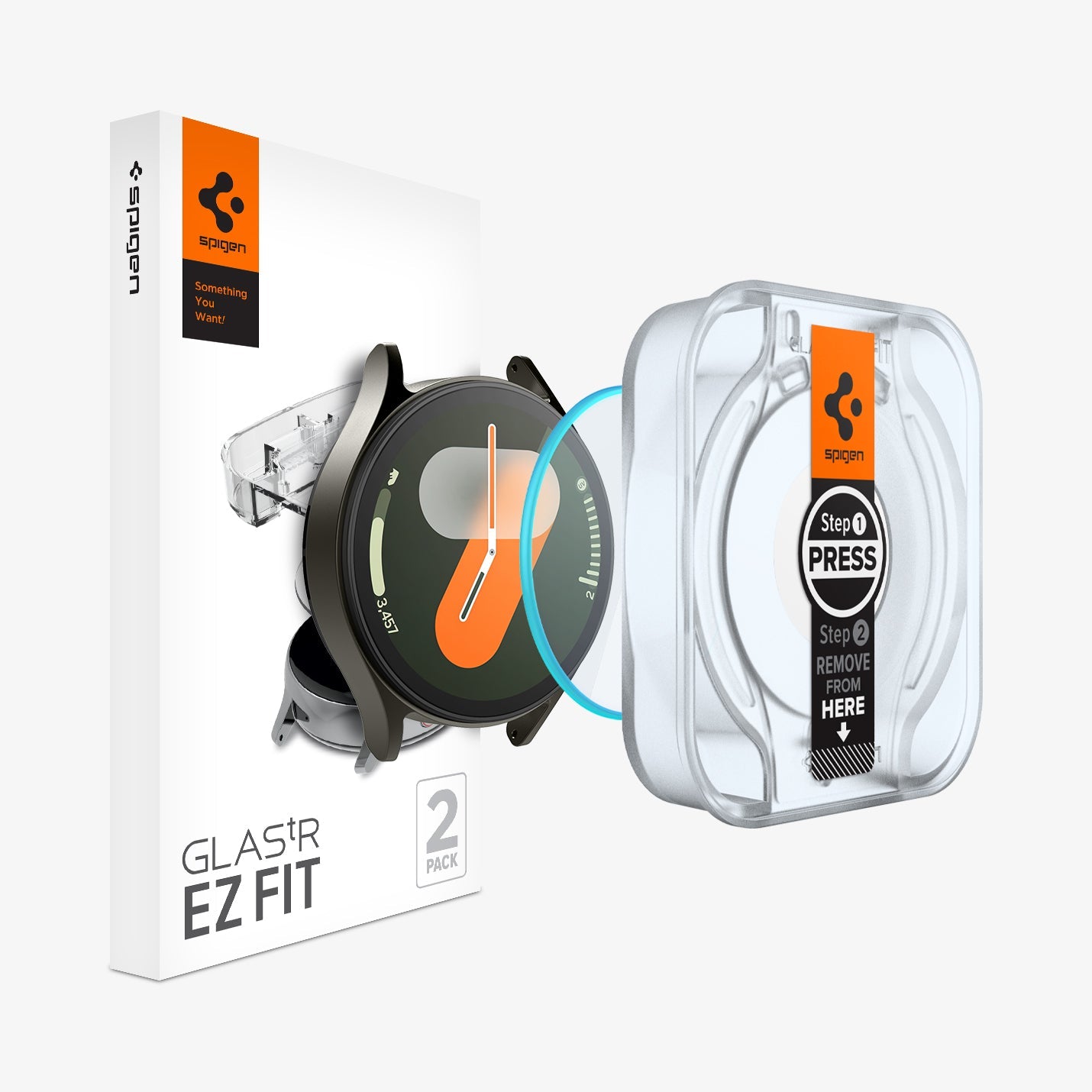 AGL08351 - Galaxy Watch 7 (40mm) GLAS.tR EZ Fit in Clear showing the front of installation tray hovering in front of a screen protector, face of the watch and the packaging