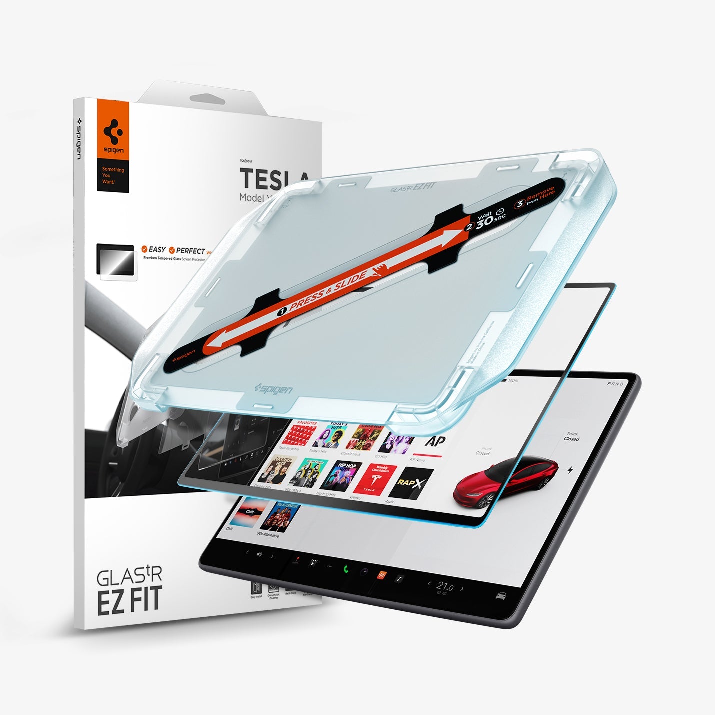 AGL07152 - Model 3 (2024-2025) Highland Screen Protector GLAS.tR EZ Fit | Anti-Glare Highland in Clear Matte showing the front installation tray hovering above the screen protector and the device with the packaging beside it